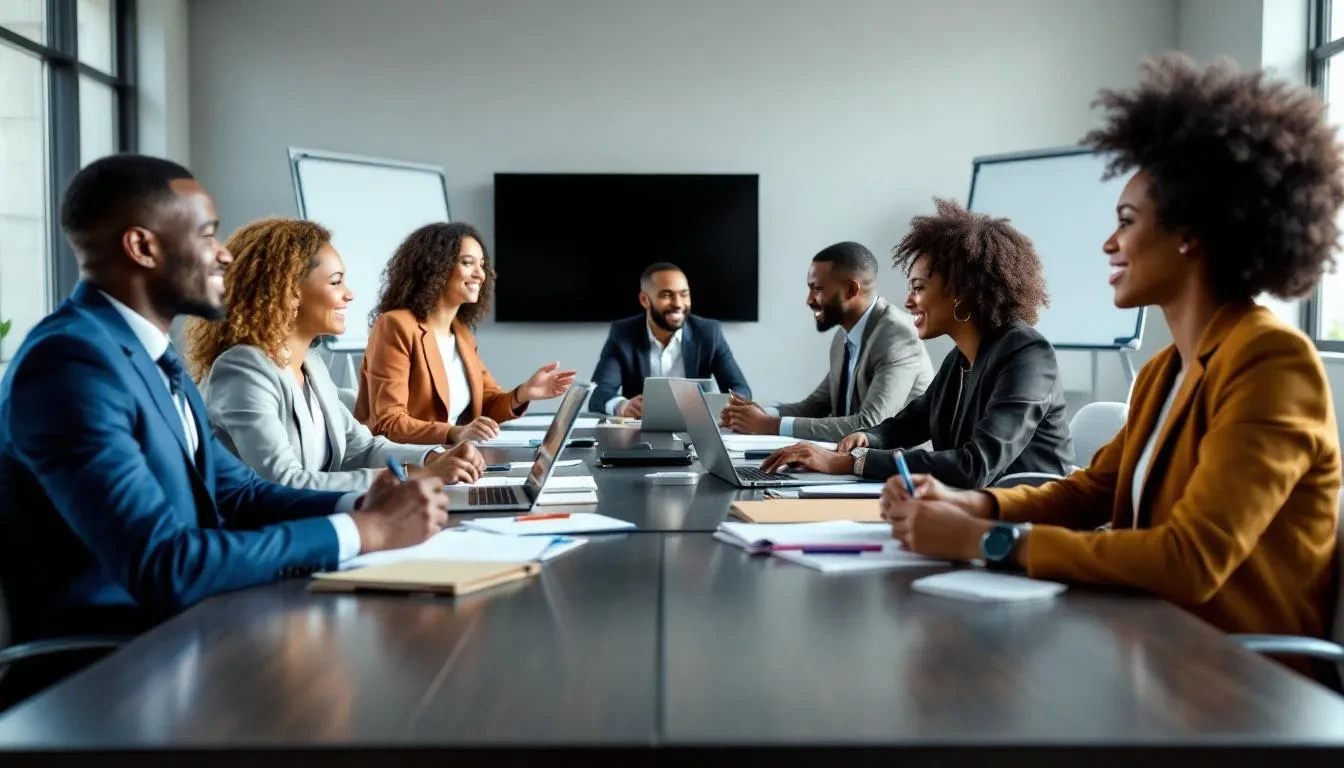 The image shows a diverse group of professionals collaborating around a conference table, engaged in discussion with laptops and notebooks in front of them. This scene reflects a modern workplace where job seekers and hiring managers interact, emphasizing the importance of teamwork and communication in the interview process.